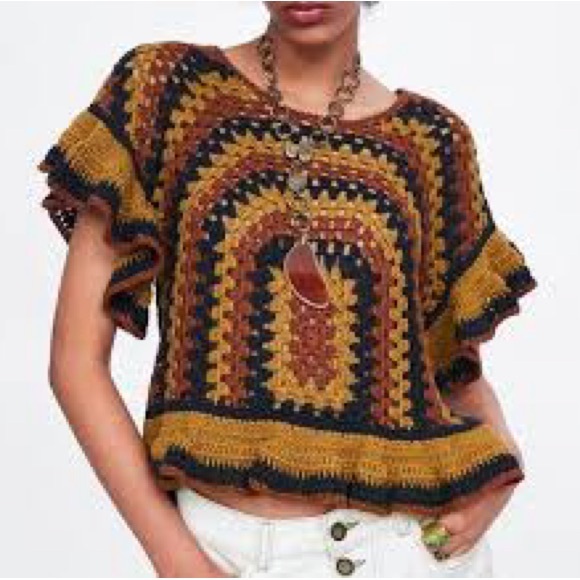 ⭐️ Zara Short Sleeve Ruffle Black Brown Gold Crochet Knit Ruffle Crop Top MEDIUM - Picture 1 of 12